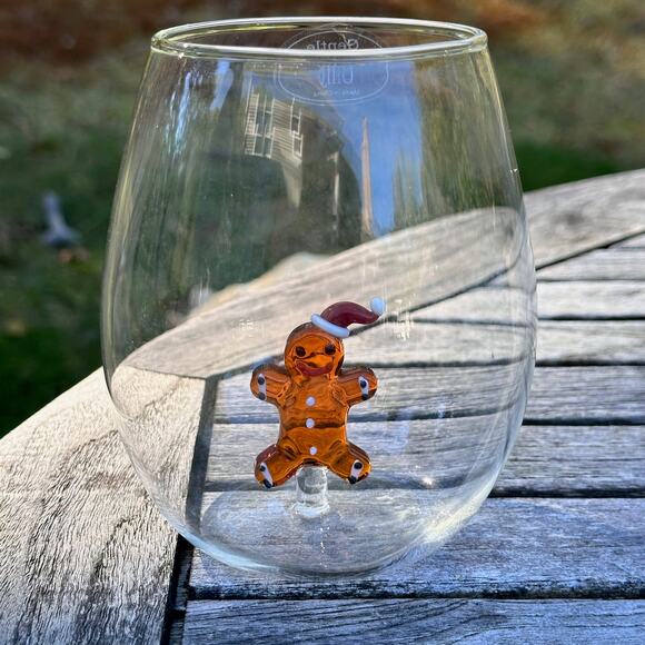 Unbranded Other - New Handblown Glass Stemless Wine Glass Decorated Gingerbread Man Holiday Décor